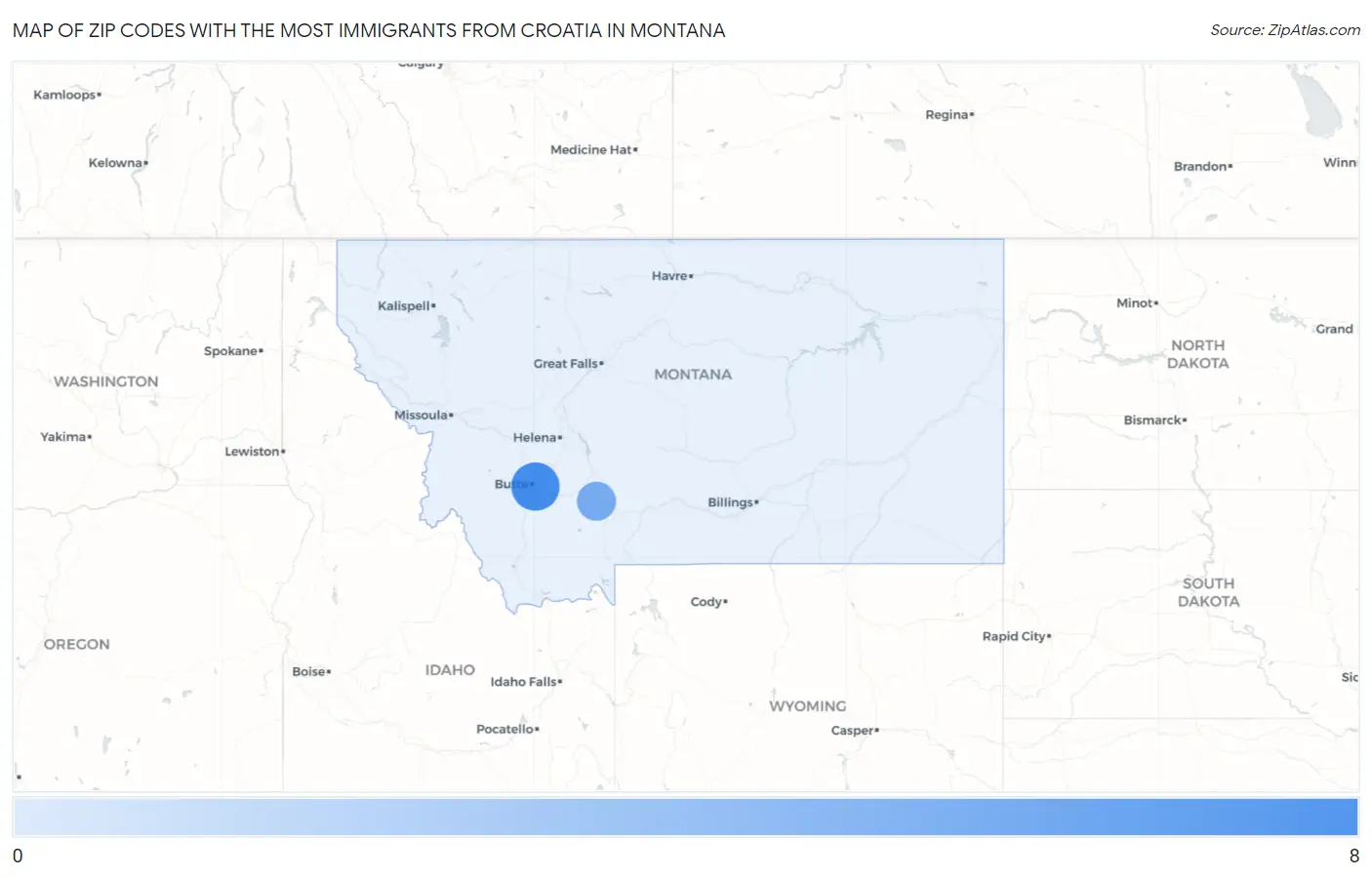 Zip Codes with the Most Immigrants from Croatia in Montana Map