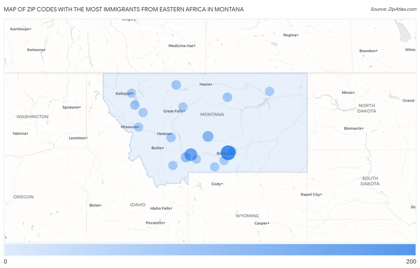 Zip Codes with the Most Immigrants from Eastern Africa in Montana Map