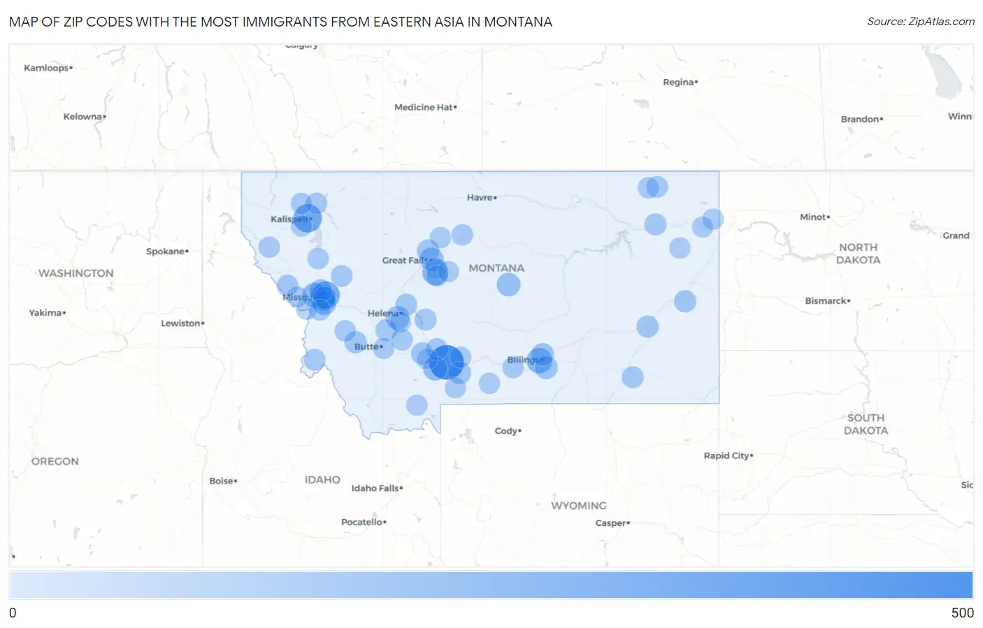 Zip Codes with the Most Immigrants from Eastern Asia in Montana Map