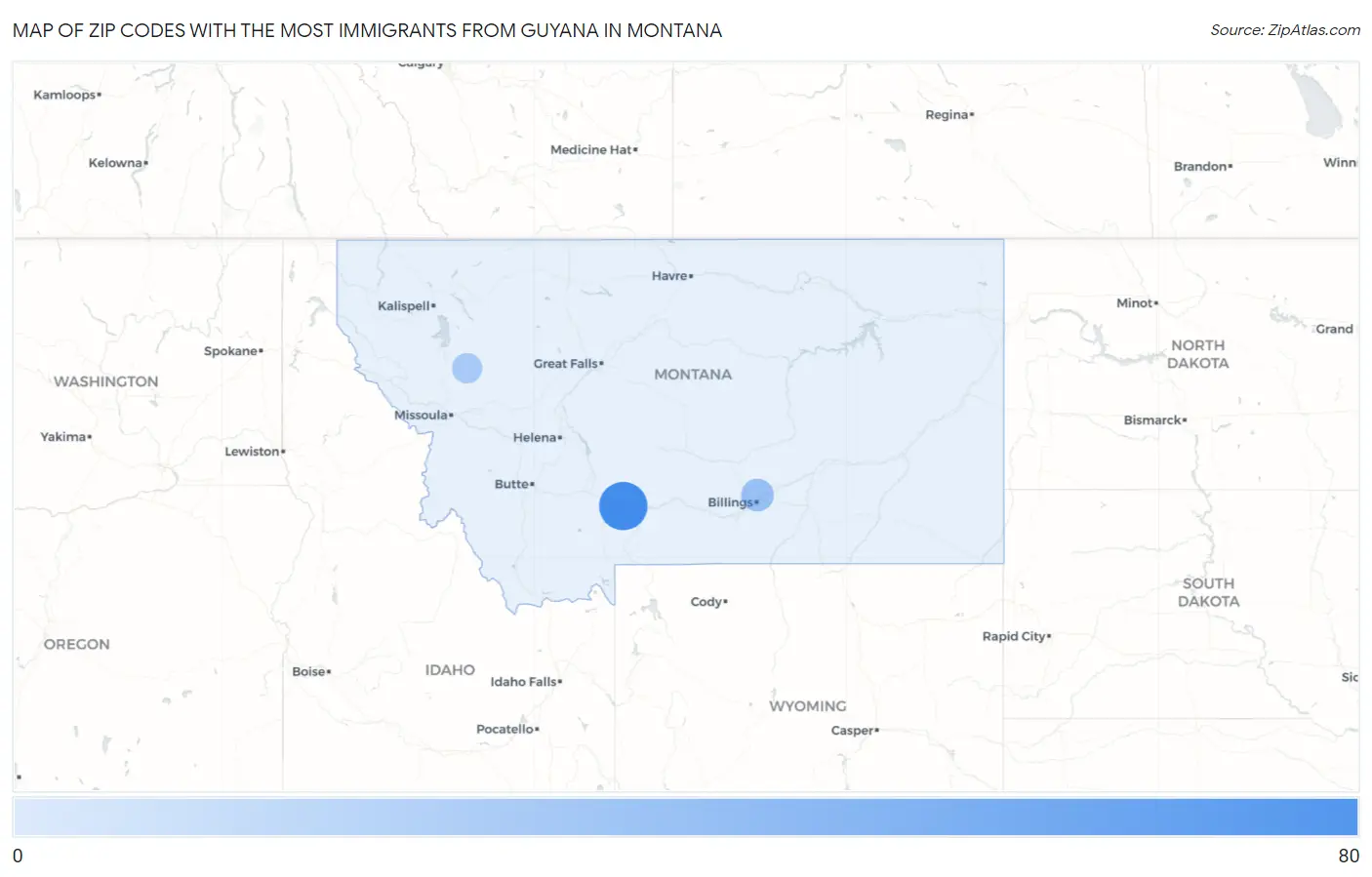 Zip Codes with the Most Immigrants from Guyana in Montana Map
