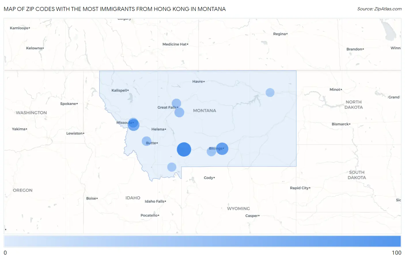 Zip Codes with the Most Immigrants from Hong Kong in Montana Map