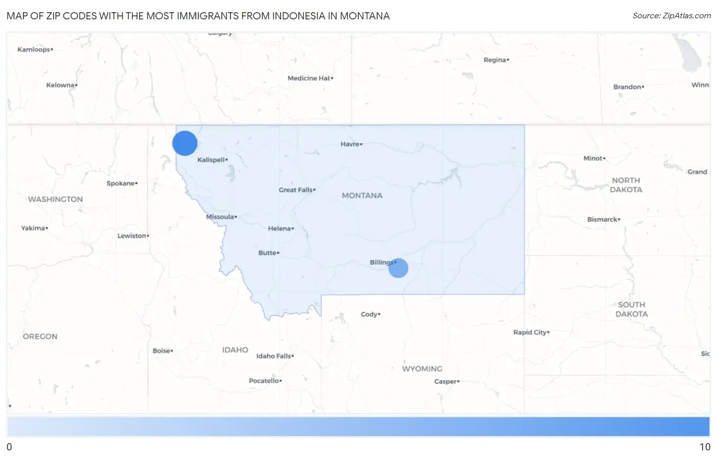 Zip Codes with the Most Immigrants from Indonesia in Montana Map