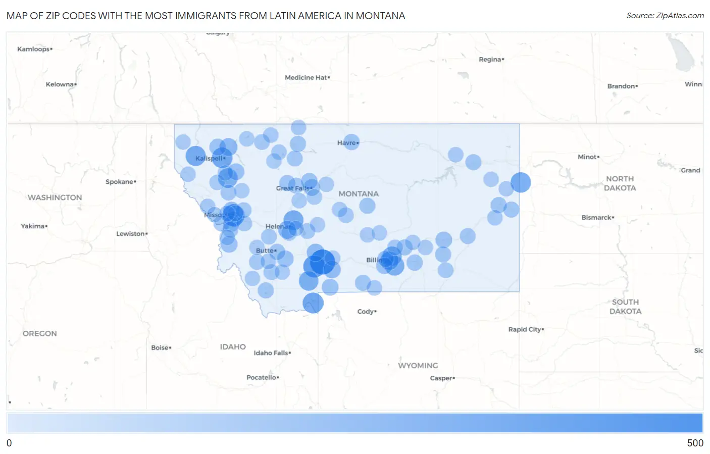 Zip Codes with the Most Immigrants from Latin America in Montana Map