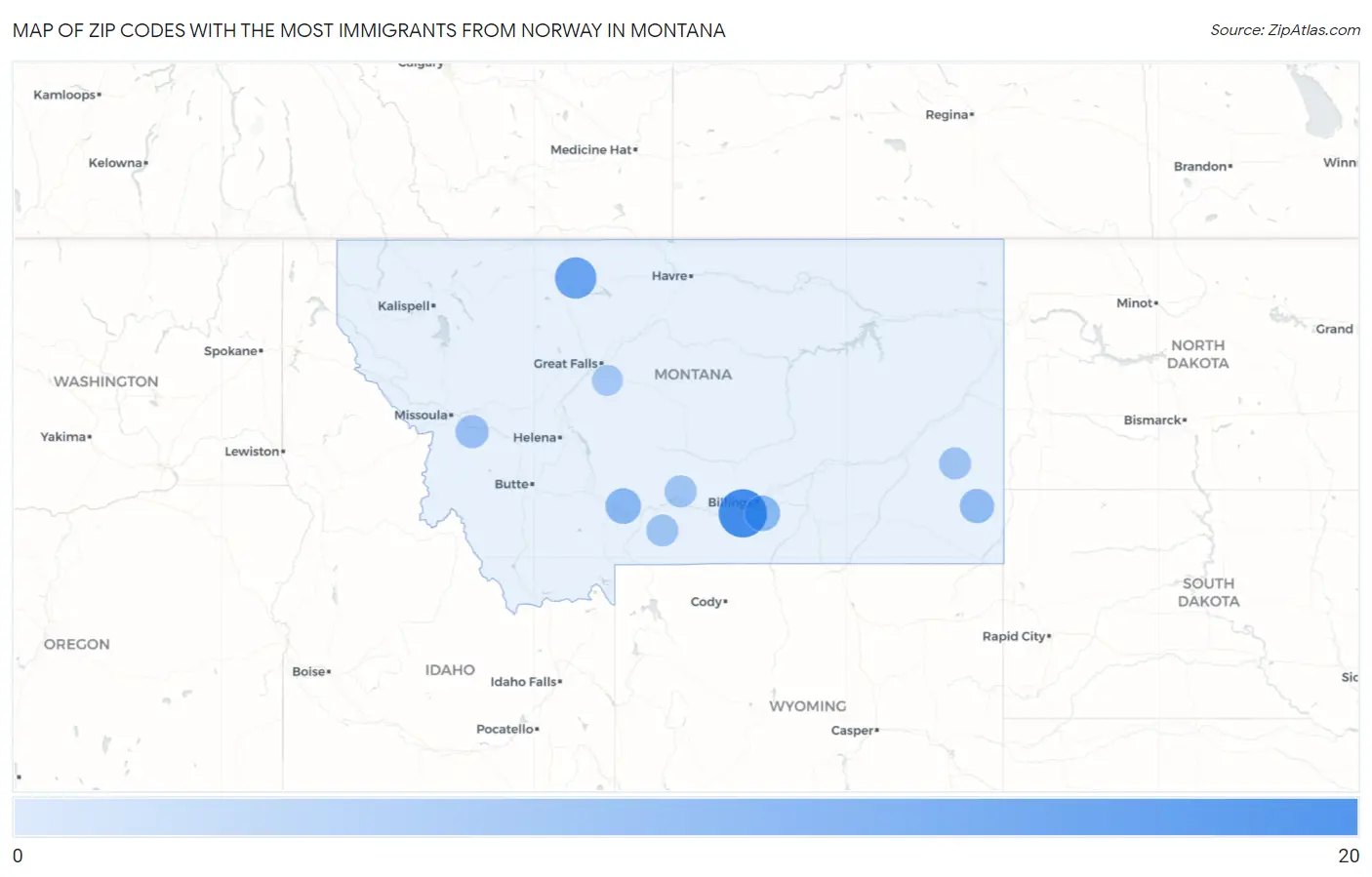 Zip Codes with the Most Immigrants from Norway in Montana Map
