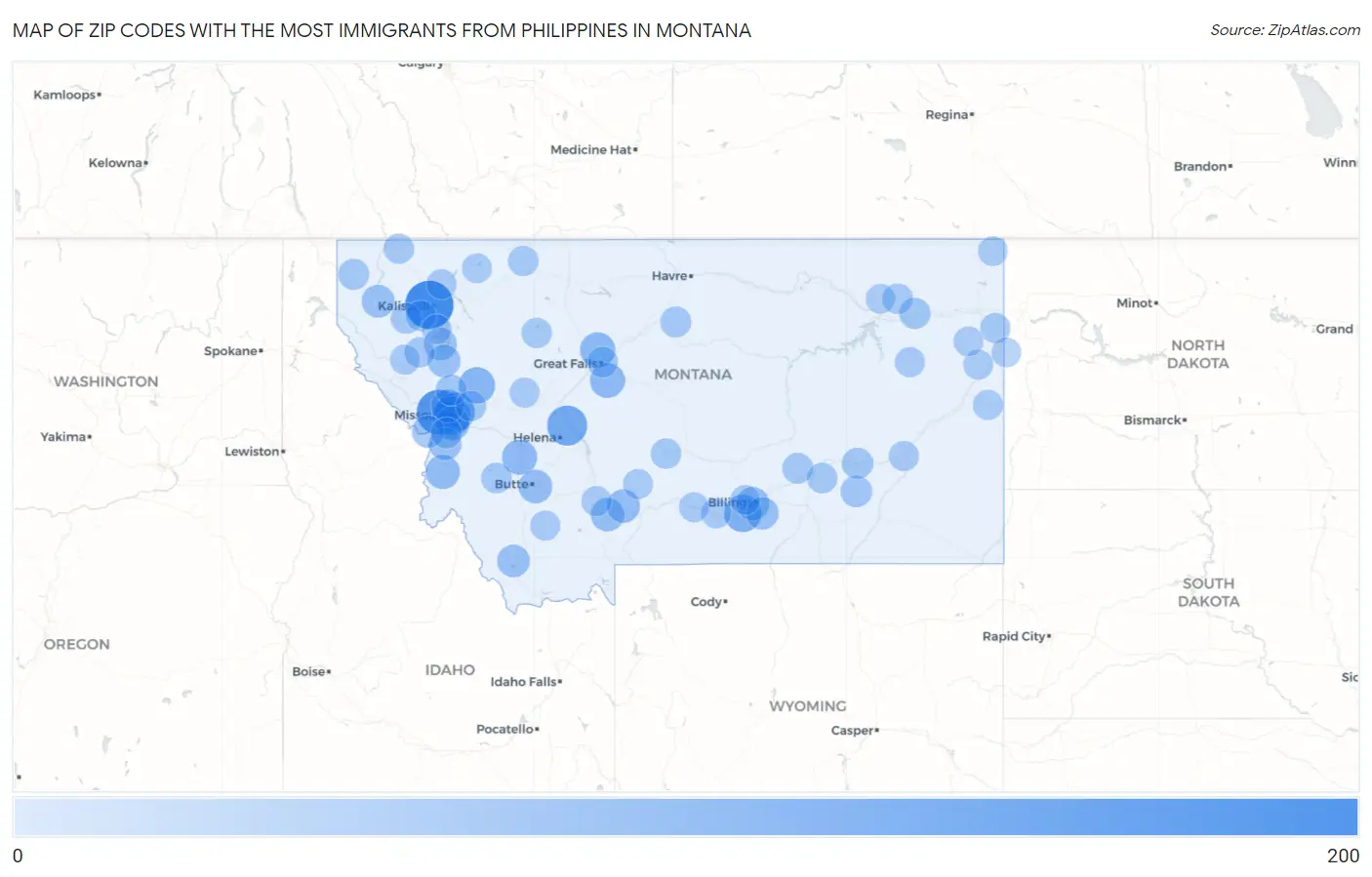 Zip Codes with the Most Immigrants from Philippines in Montana Map