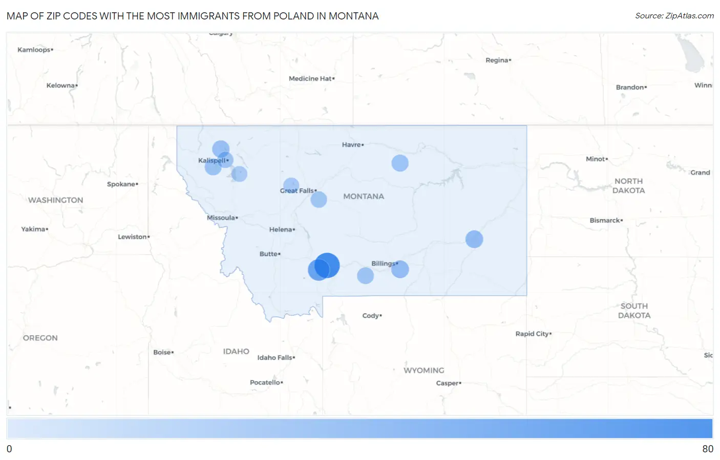 Zip Codes with the Most Immigrants from Poland in Montana Map
