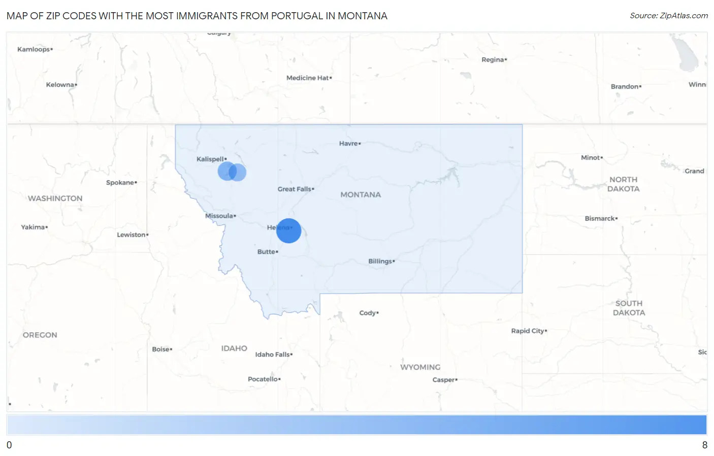 Zip Codes with the Most Immigrants from Portugal in Montana Map