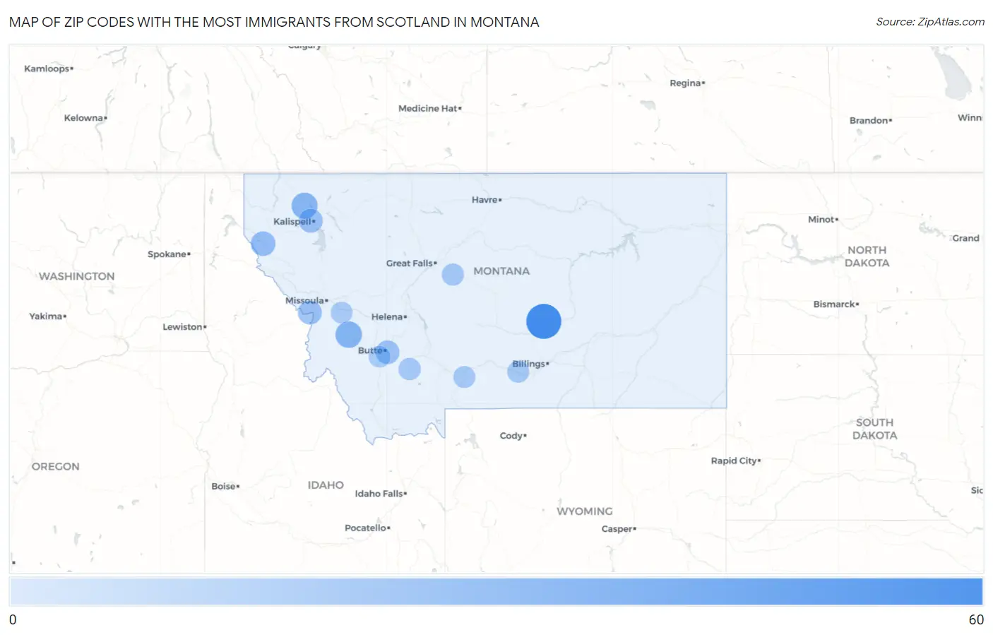 Zip Codes with the Most Immigrants from Scotland in Montana Map