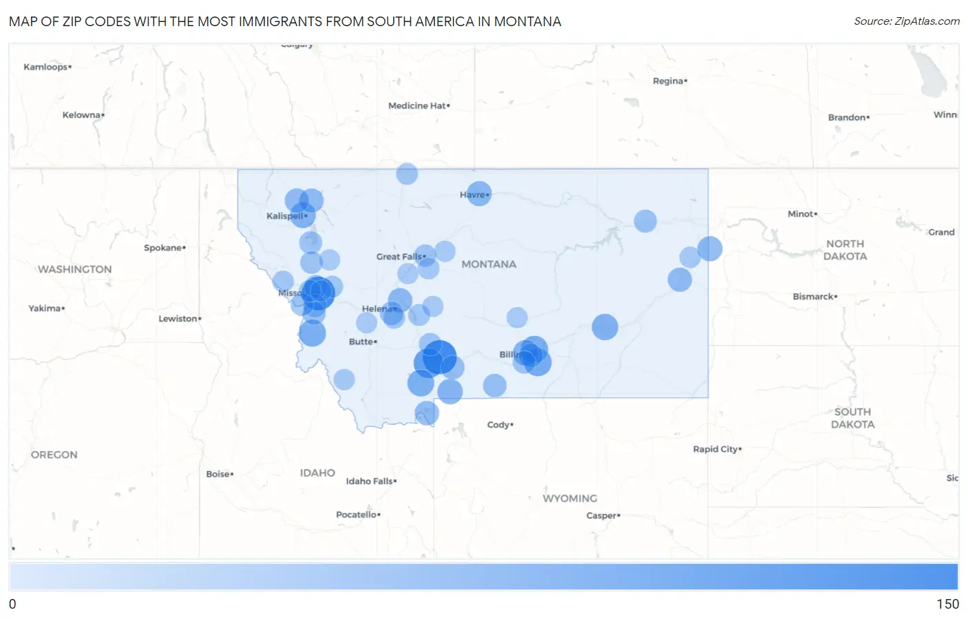 Zip Codes with the Most Immigrants from South America in Montana Map