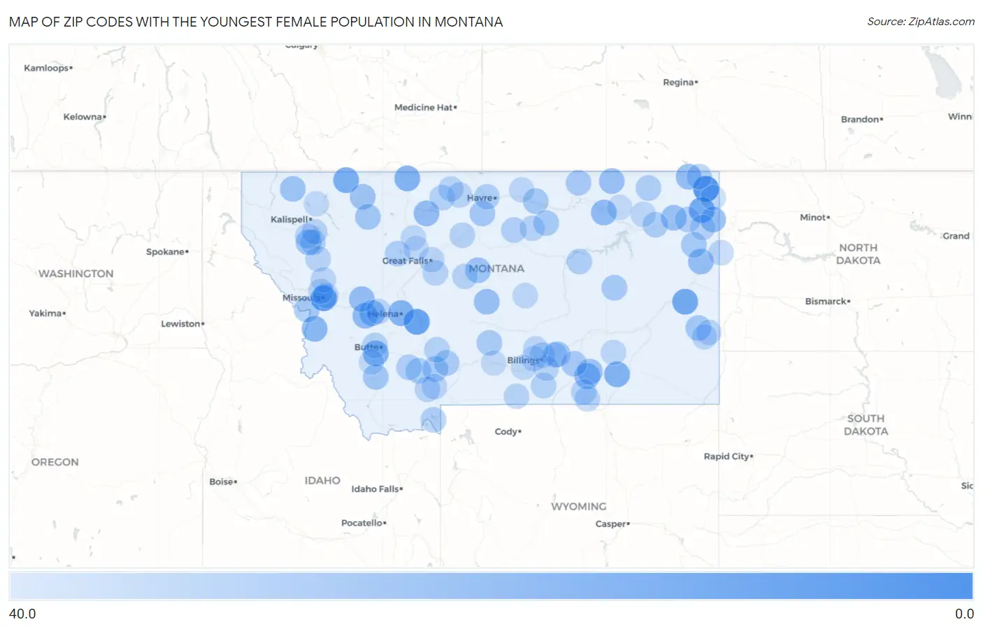 Zip Codes with the Youngest Female Population in Montana Map