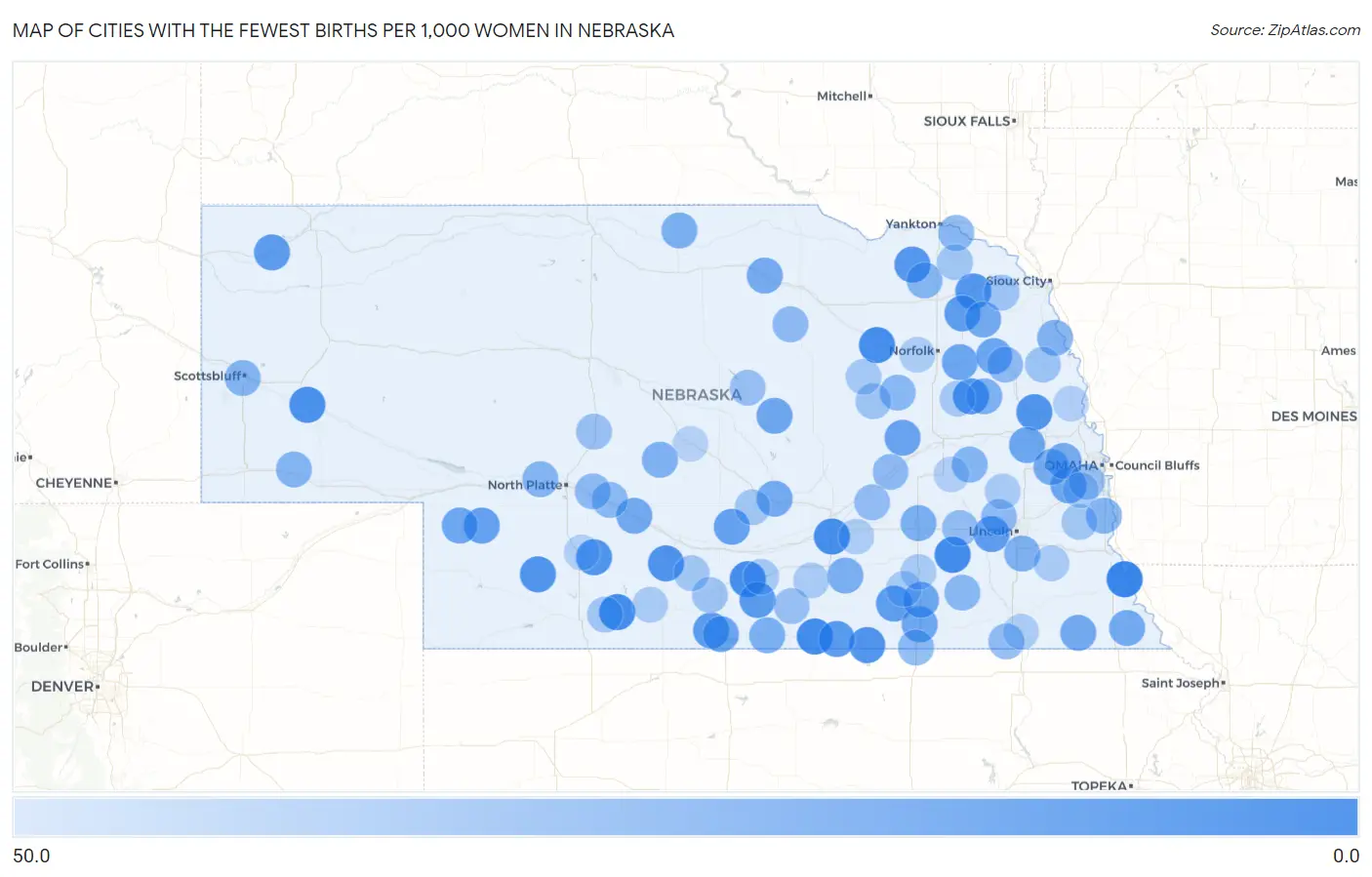 Cities with the Fewest Births per 1,000 Women in Nebraska Map