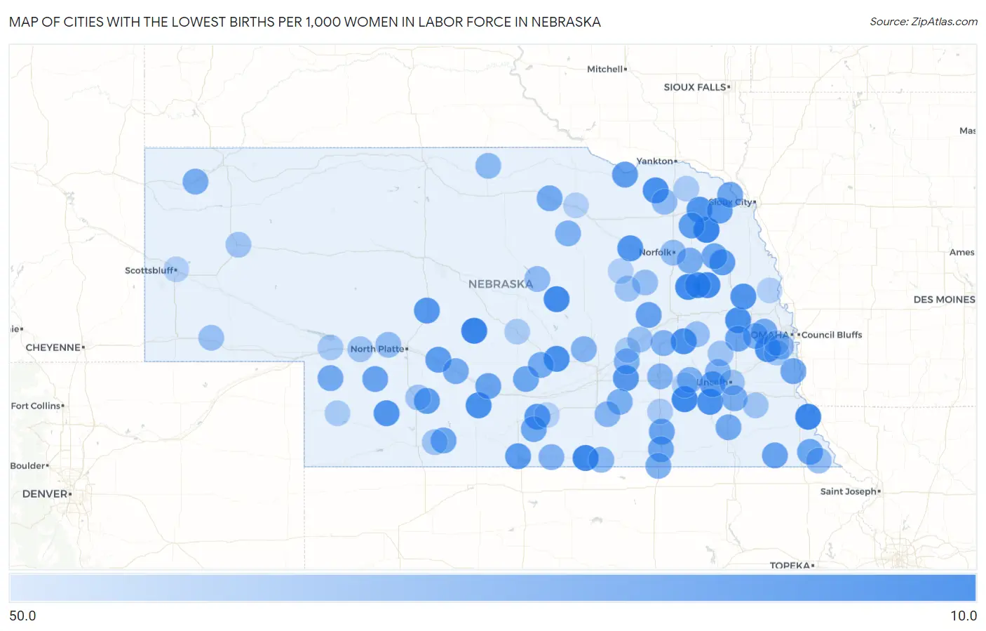 Cities with the Lowest Births per 1,000 Women in Labor Force in Nebraska Map