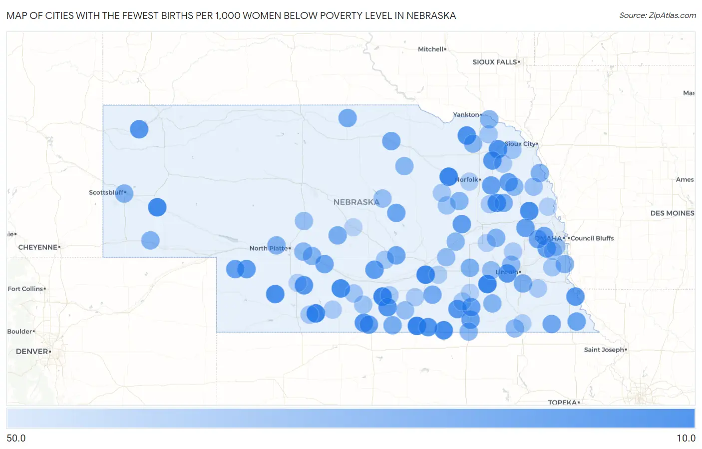 Cities with the Fewest Births per 1,000 Women Below Poverty Level in Nebraska Map