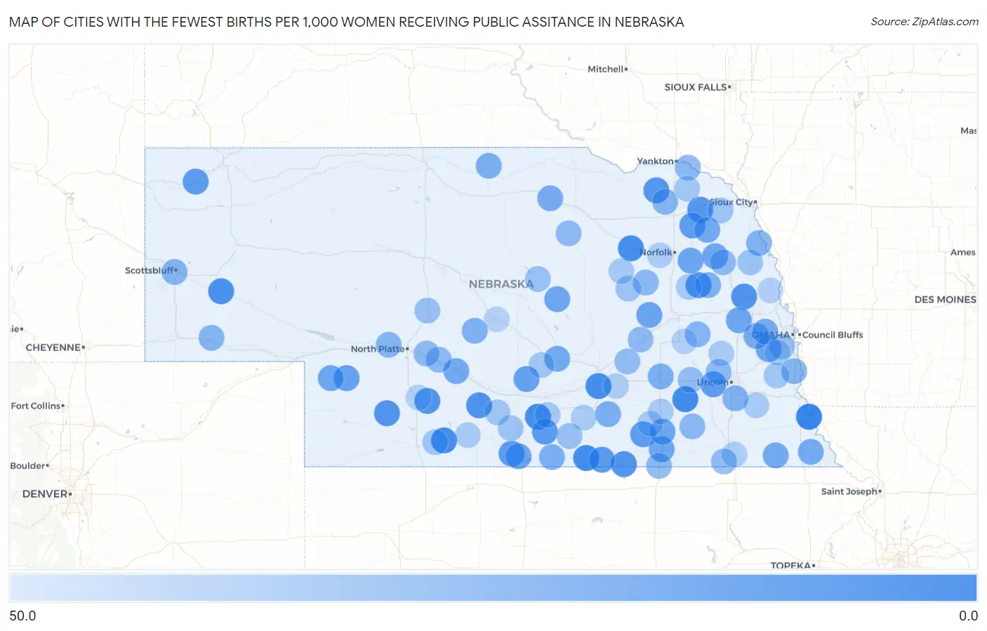 Cities with the Fewest Births per 1,000 Women Receiving Public Assitance in Nebraska Map