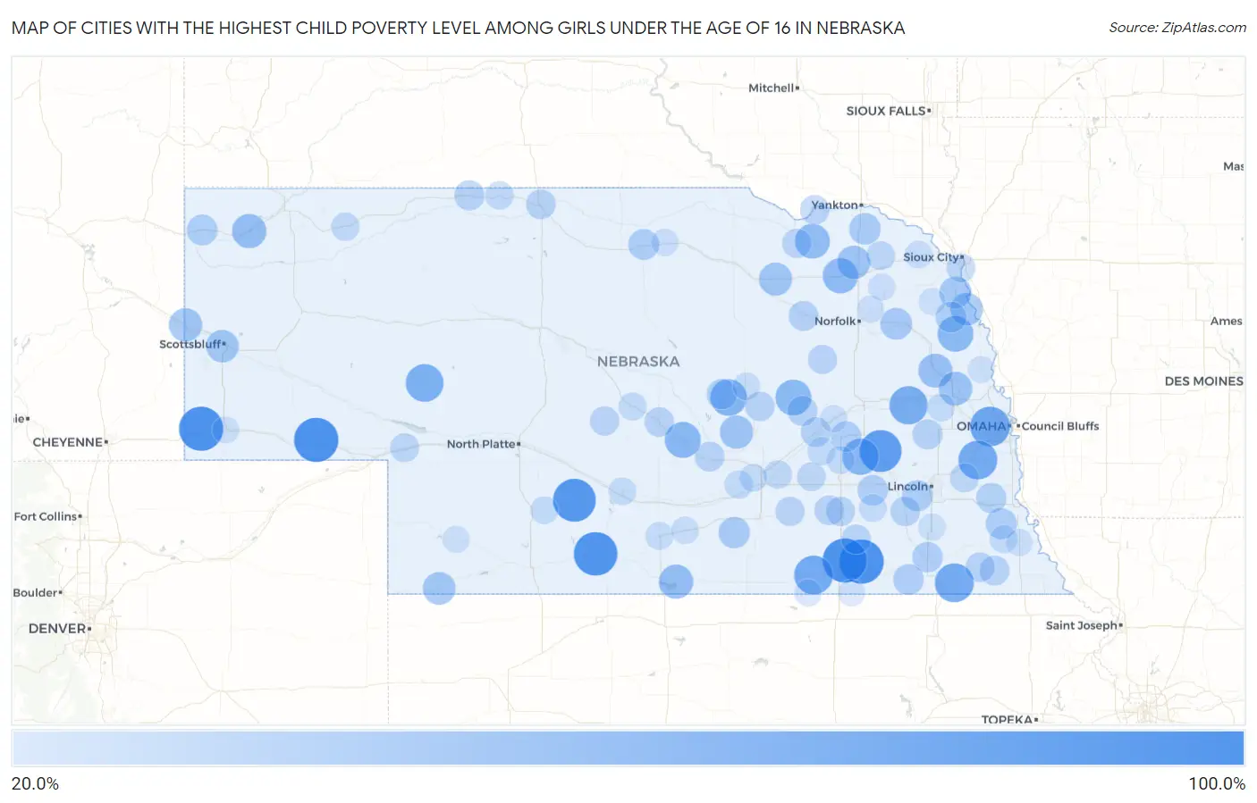 Cities with the Highest Child Poverty Level Among Girls Under the Age of 16 in Nebraska Map