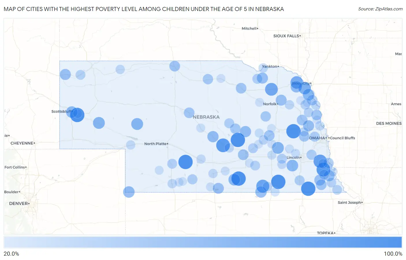 Cities with the Highest Poverty Level Among Children Under the Age of 5 in Nebraska Map