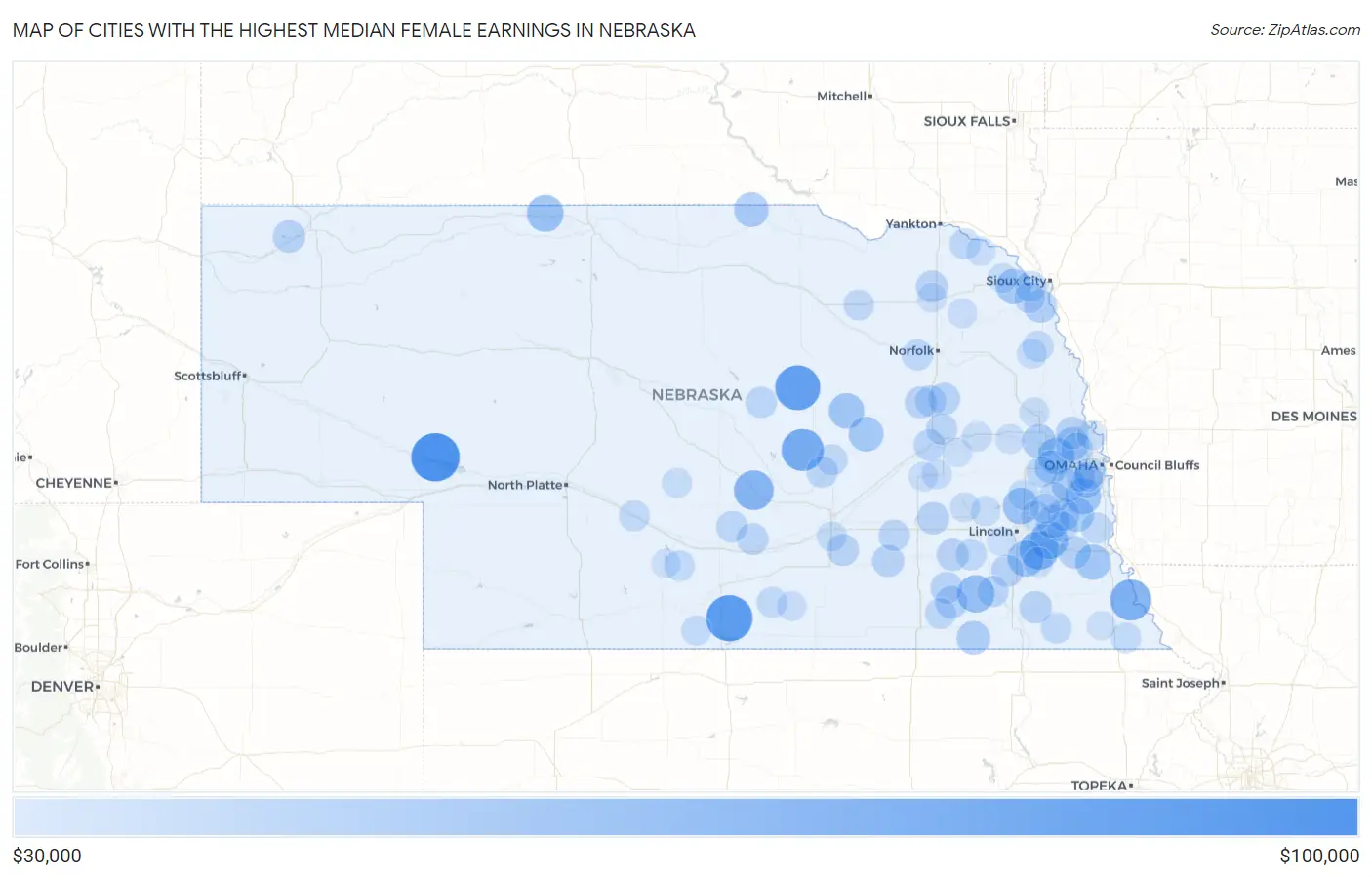 Cities with the Highest Median Female Earnings in Nebraska Map