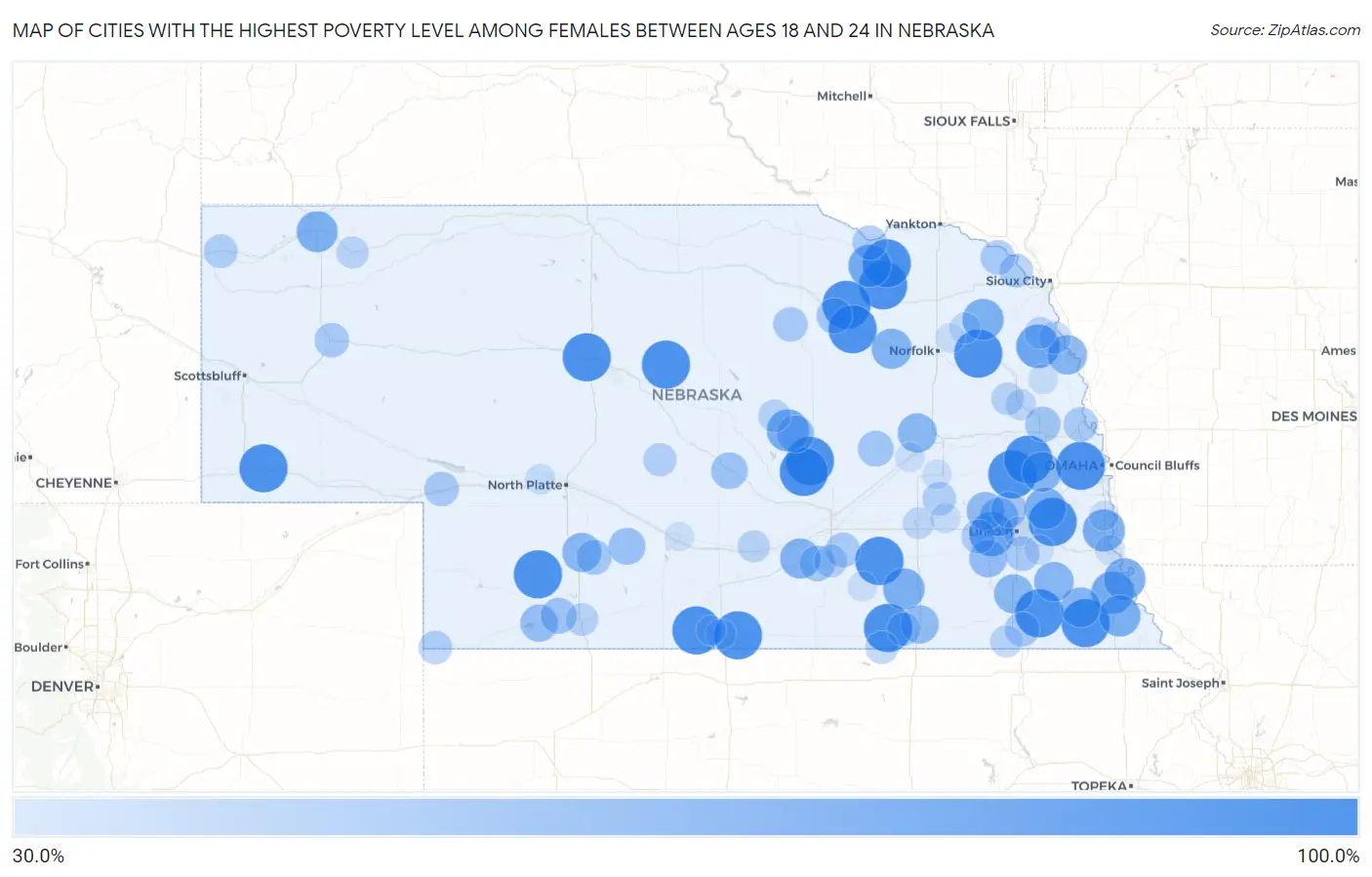 Cities with the Highest Poverty Level Among Females Between Ages 18 and 24 in Nebraska Map