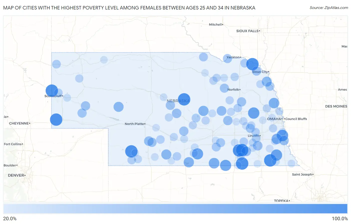 Cities with the Highest Poverty Level Among Females Between Ages 25 and 34 in Nebraska Map