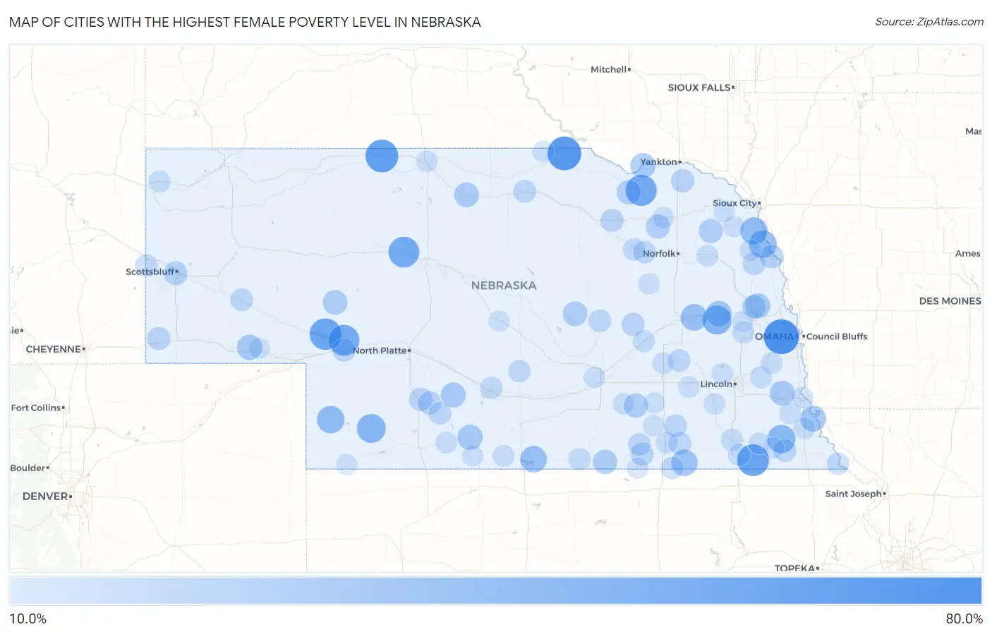 Cities with the Highest Female Poverty Level in Nebraska Map