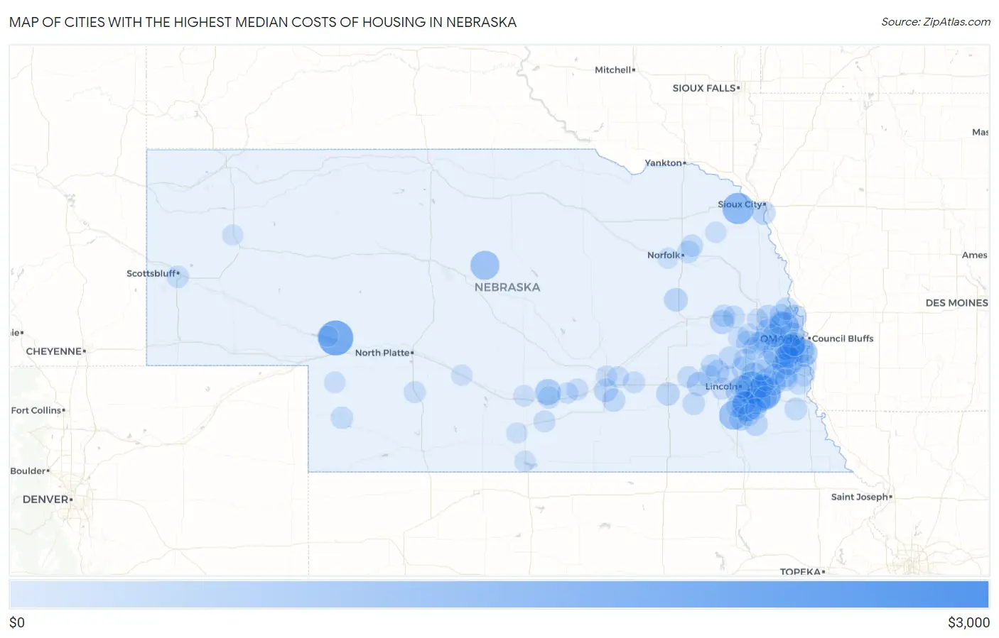 Cities with the Highest Median Costs of Housing in Nebraska Map