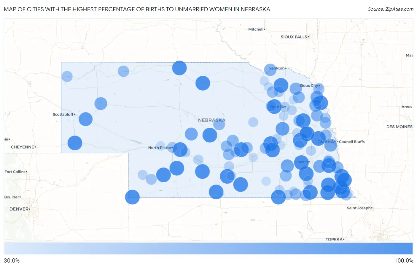 Cities with the Highest Percentage of Births to Unmarried Women in Nebraska Map