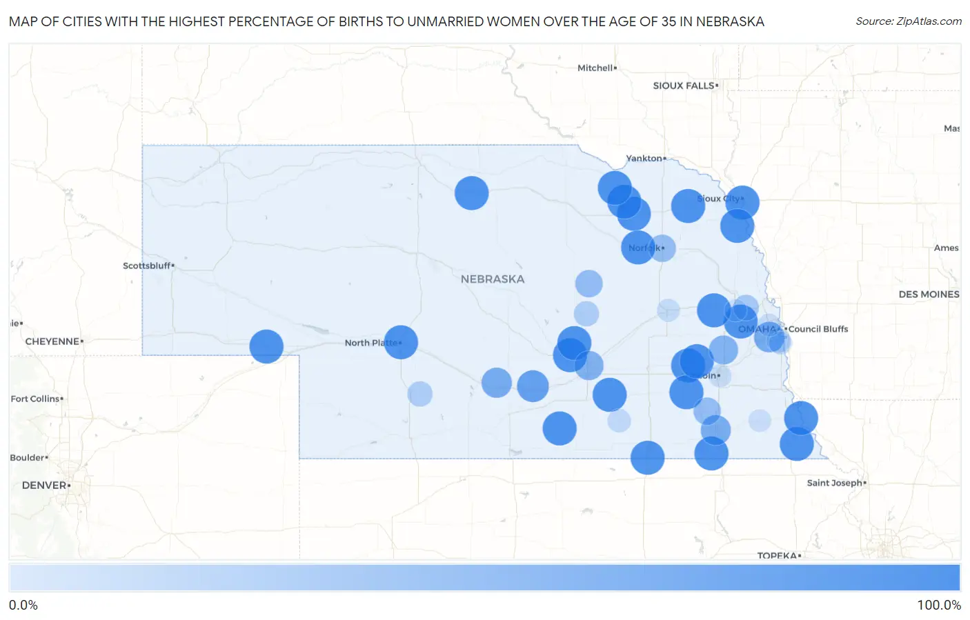 Cities with the Highest Percentage of Births to Unmarried Women over the Age of 35 in Nebraska Map