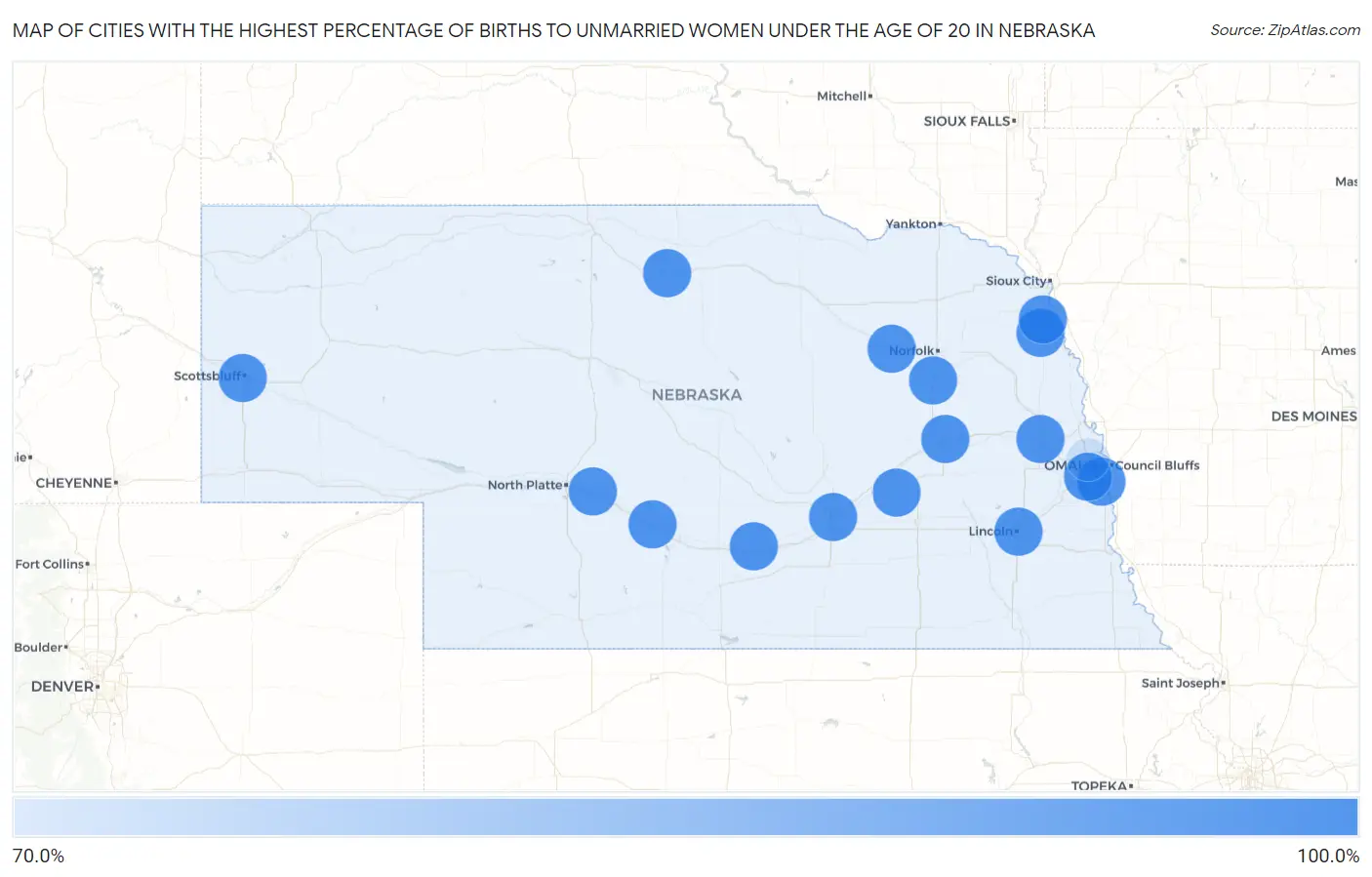 Cities with the Highest Percentage of Births to Unmarried Women under the Age of 20 in Nebraska Map