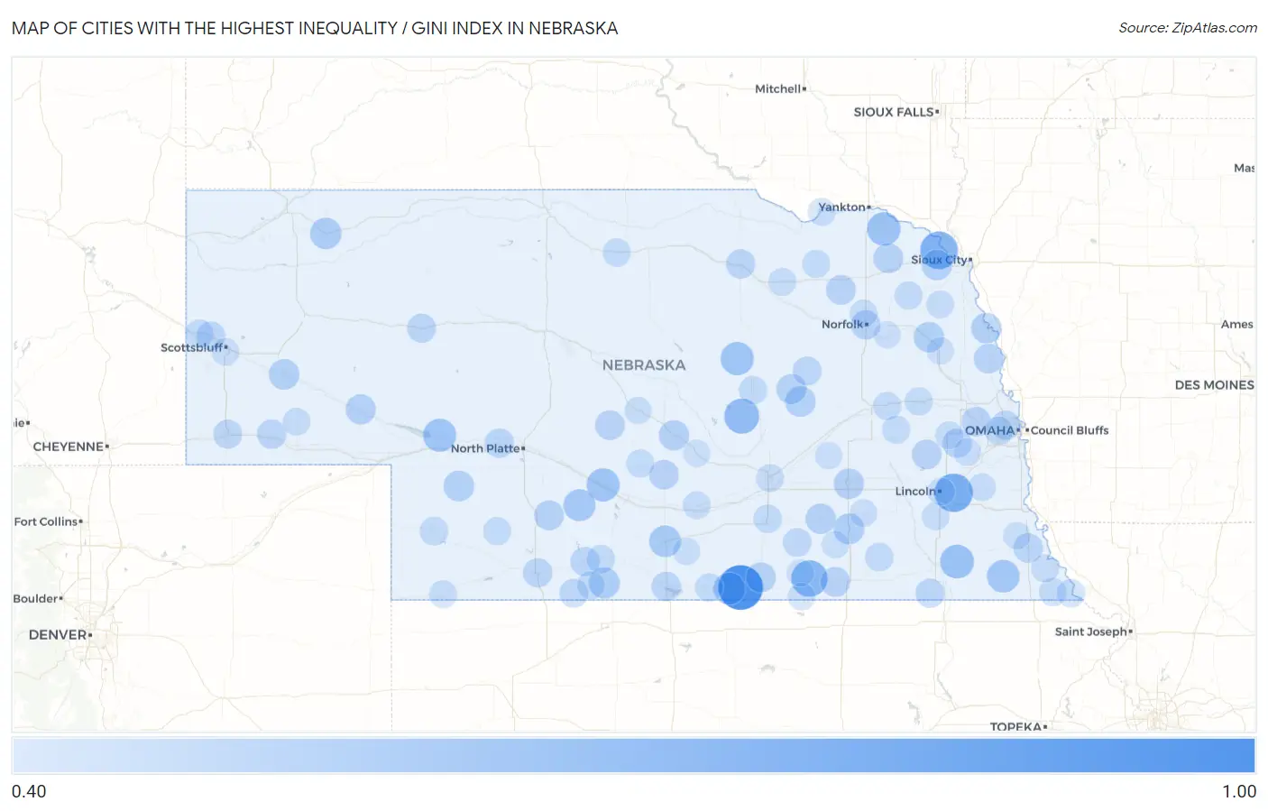 Cities with the Highest Inequality / Gini Index in Nebraska Map