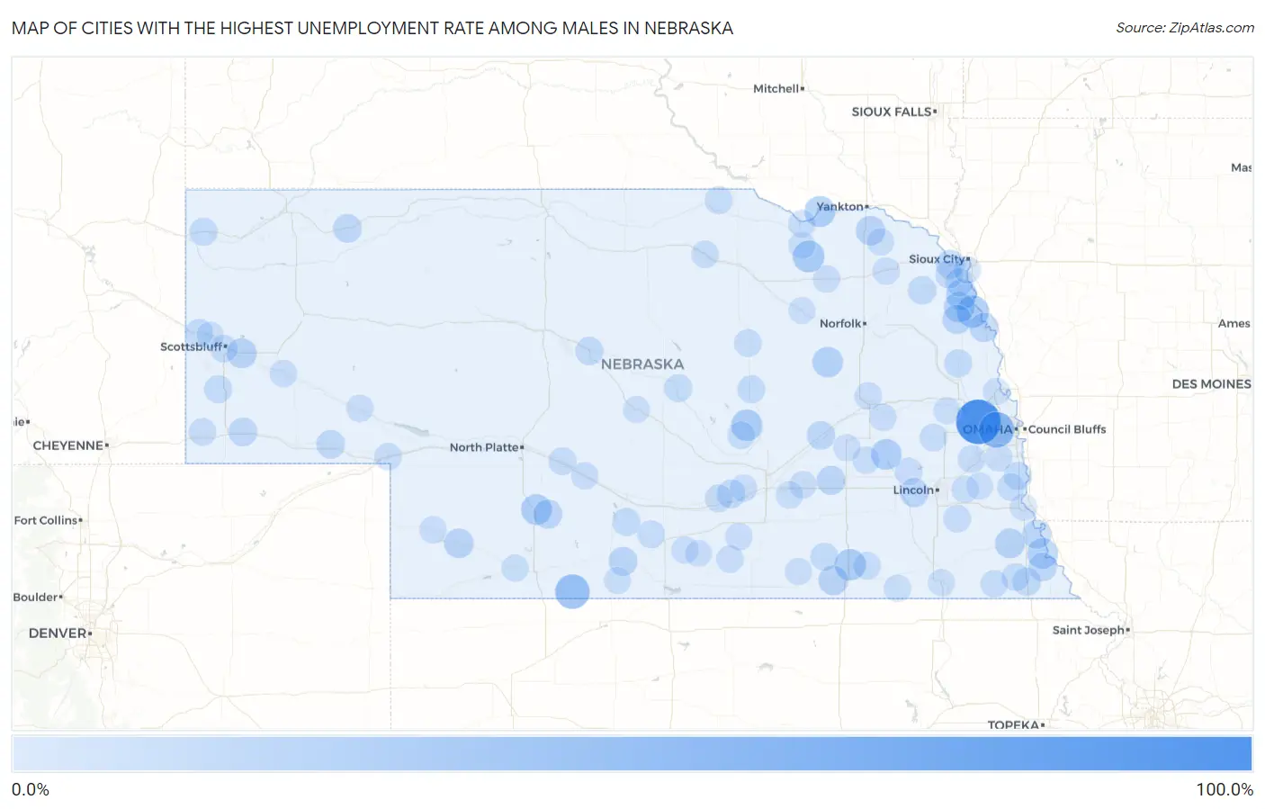 Cities with the Highest Unemployment Rate Among Males in Nebraska Map