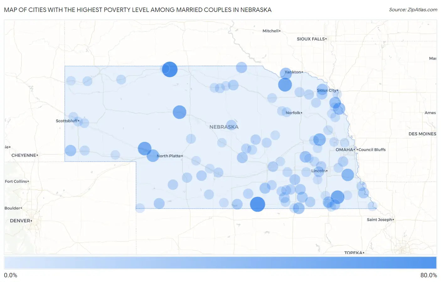 Cities with the Highest Poverty Level Among Married Couples in Nebraska Map