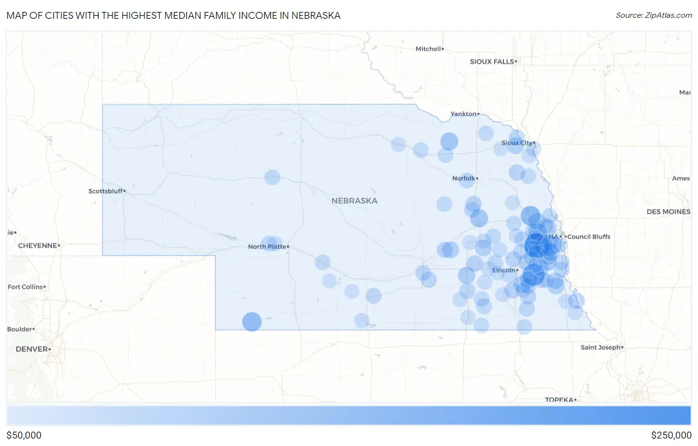 Cities with the Highest Median Family Income in Nebraska Map