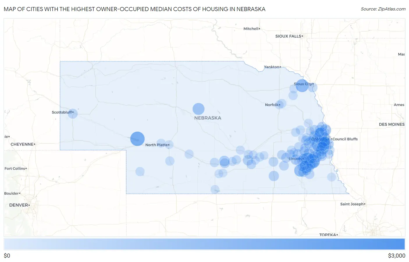 Cities with the Highest Owner-Occupied Median Costs of Housing in Nebraska Map