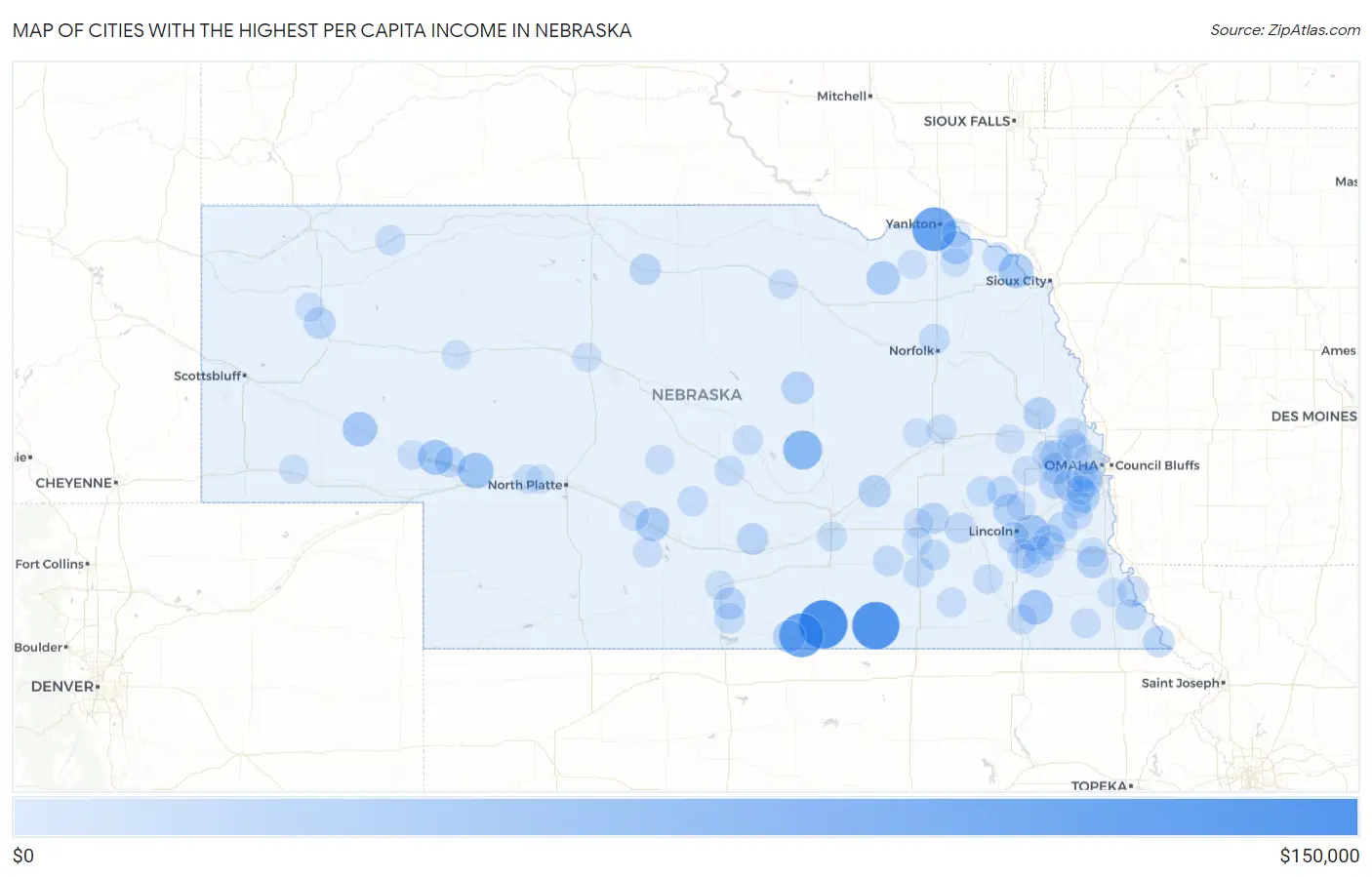 Cities with the Highest Per Capita Income in Nebraska Map