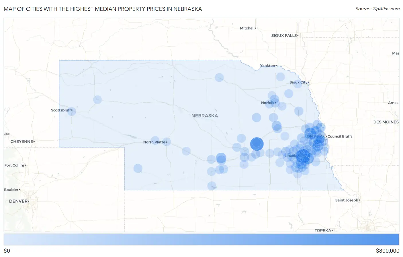 Cities with the Highest Median Property Prices in Nebraska Map