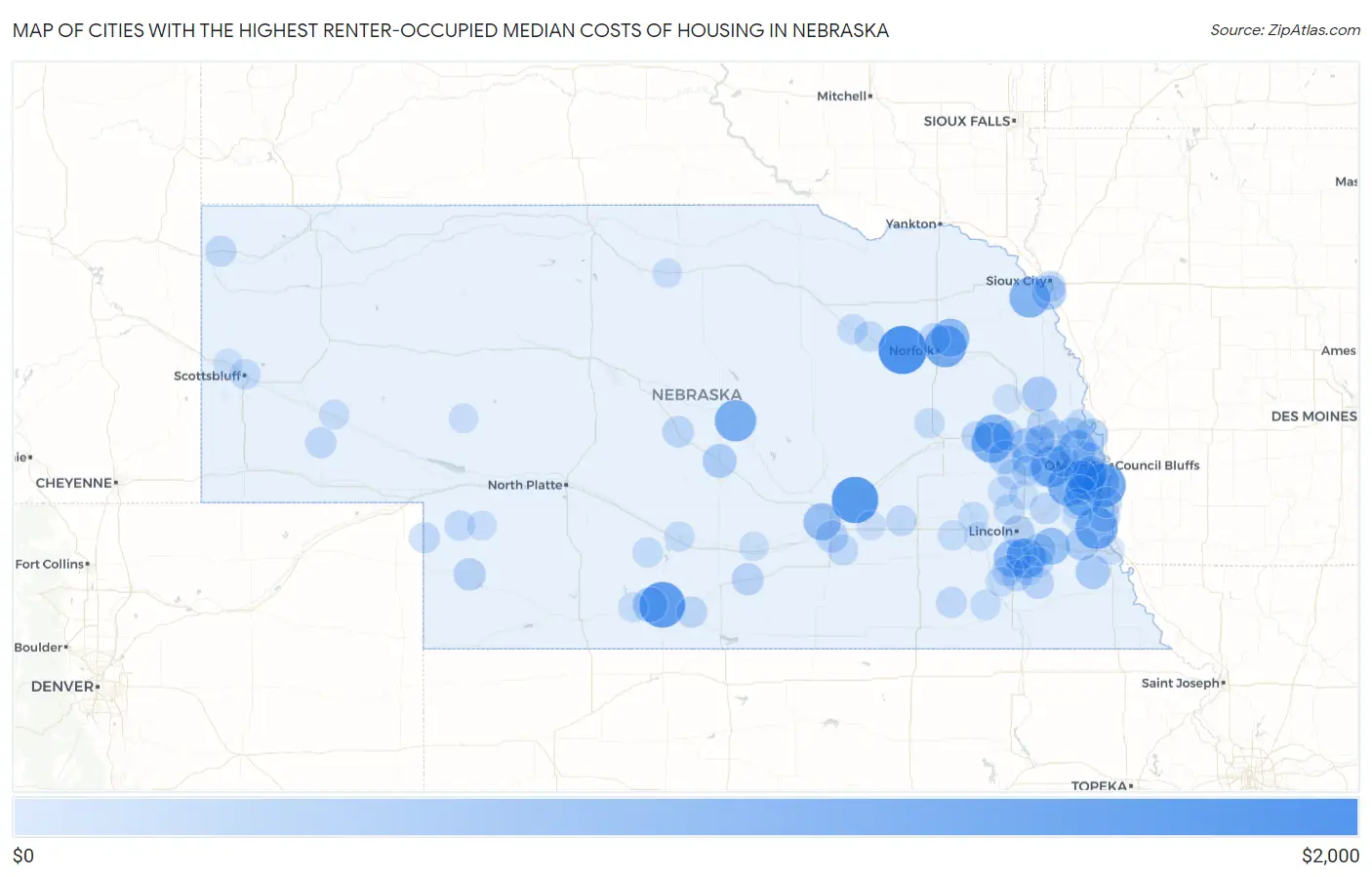 Cities with the Highest Renter-Occupied Median Costs of Housing in Nebraska Map