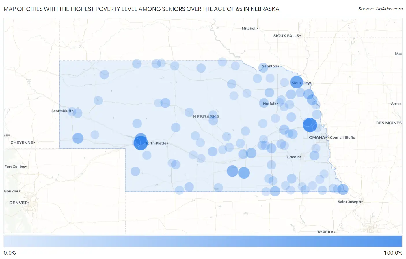 Cities with the Highest Poverty Level Among Seniors Over the Age of 65 in Nebraska Map