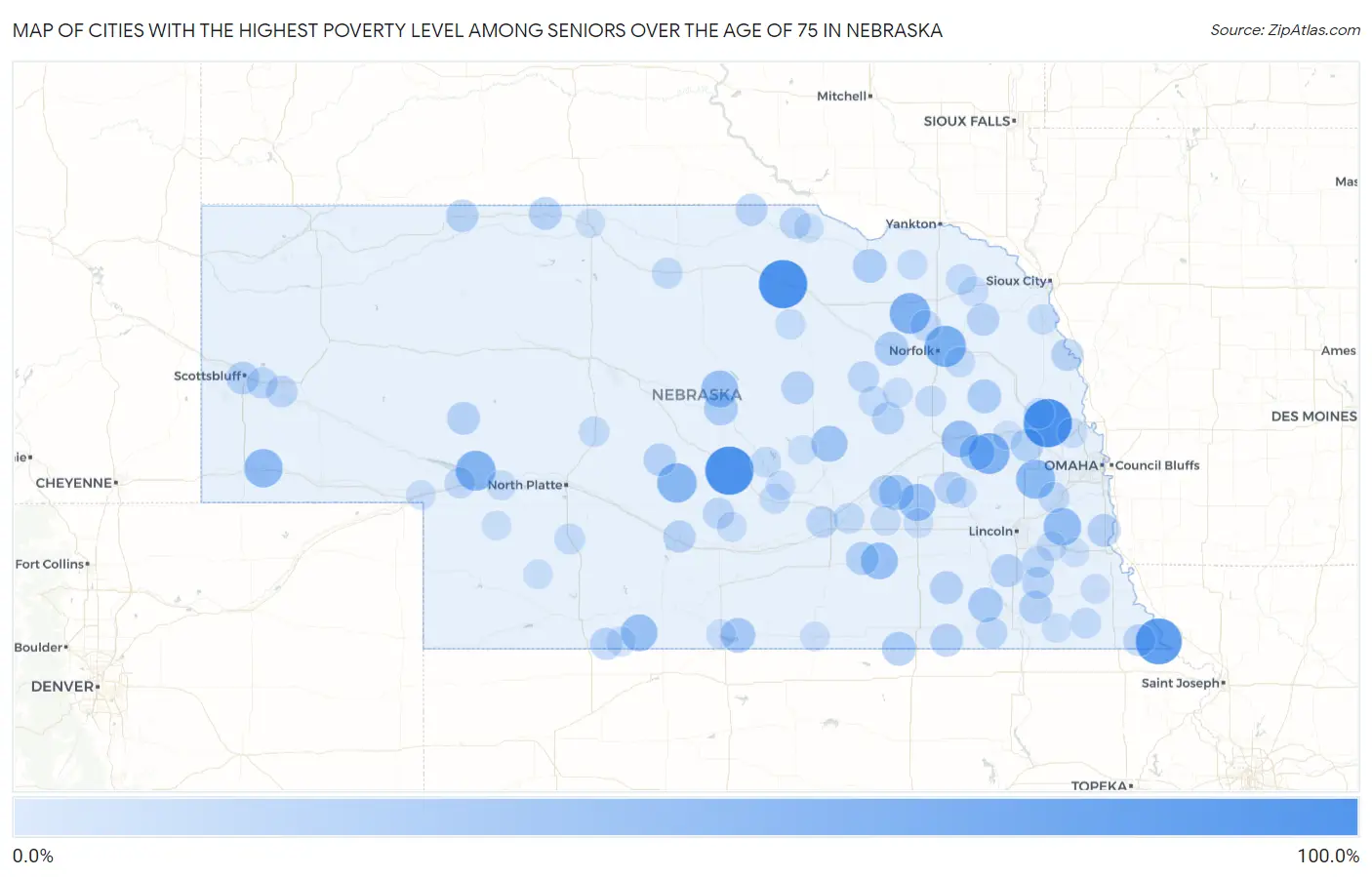 Cities with the Highest Poverty Level Among Seniors Over the Age of 75 in Nebraska Map