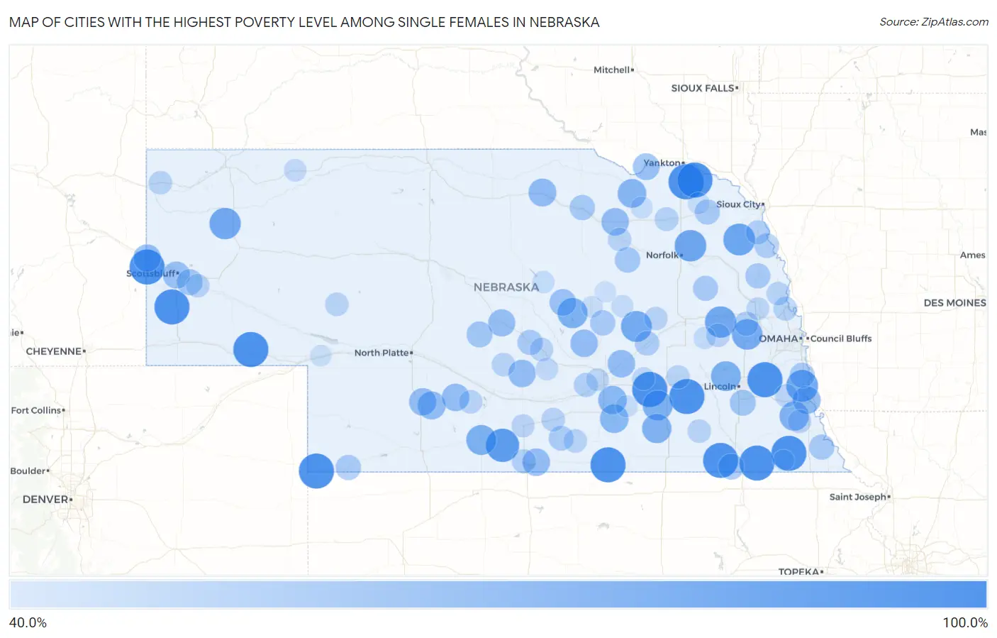 Cities with the Highest Poverty Level Among Single Females in Nebraska Map