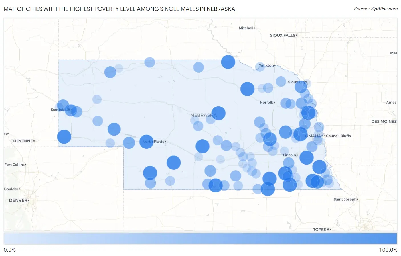 Cities with the Highest Poverty Level Among Single Males in Nebraska Map