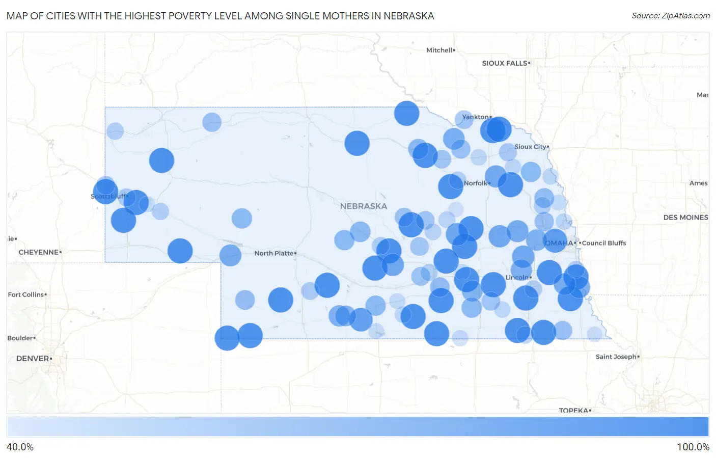 Cities with the Highest Poverty Level Among Single Mothers in Nebraska Map