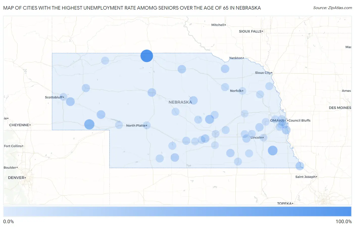 Cities with the Highest Unemployment Rate Amomg Seniors Over the Age of 65 in Nebraska Map
