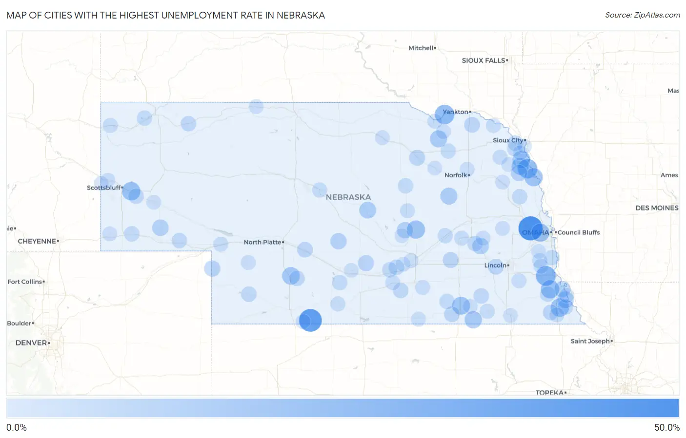 Cities with the Highest Unemployment Rate in Nebraska Map