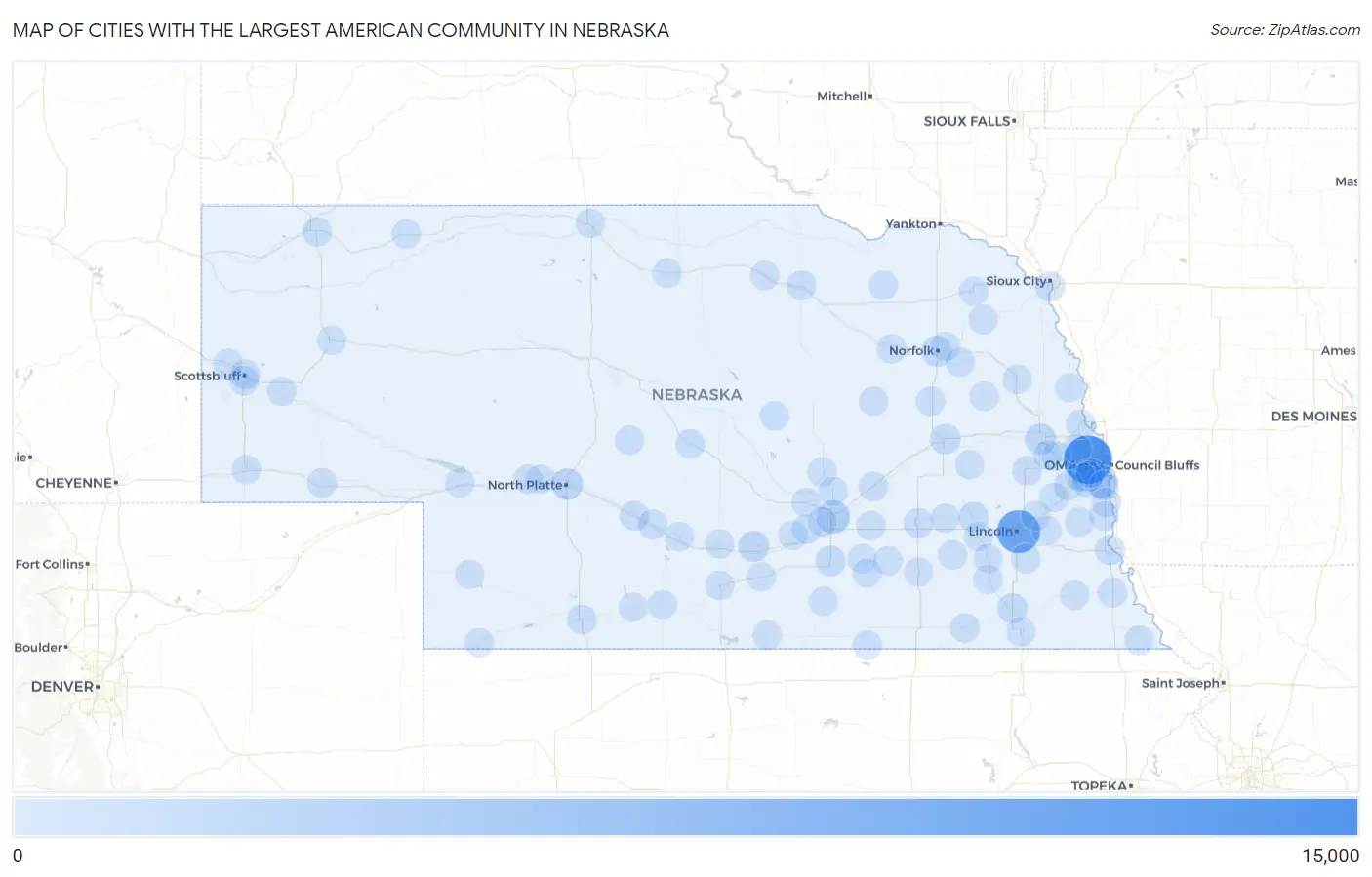 Cities with the Largest American Community in Nebraska Map