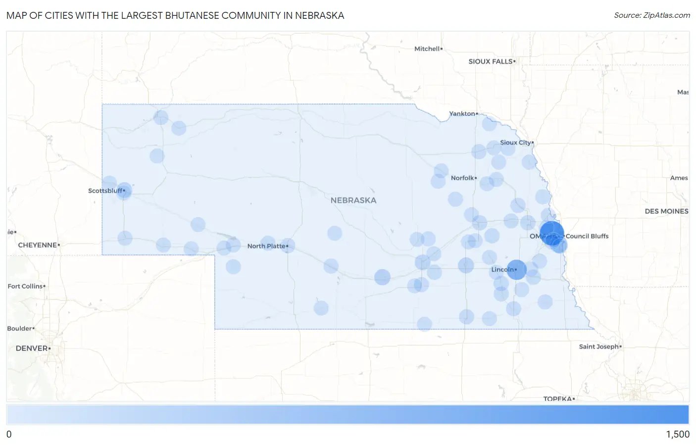 Cities with the Largest Bhutanese Community in Nebraska Map