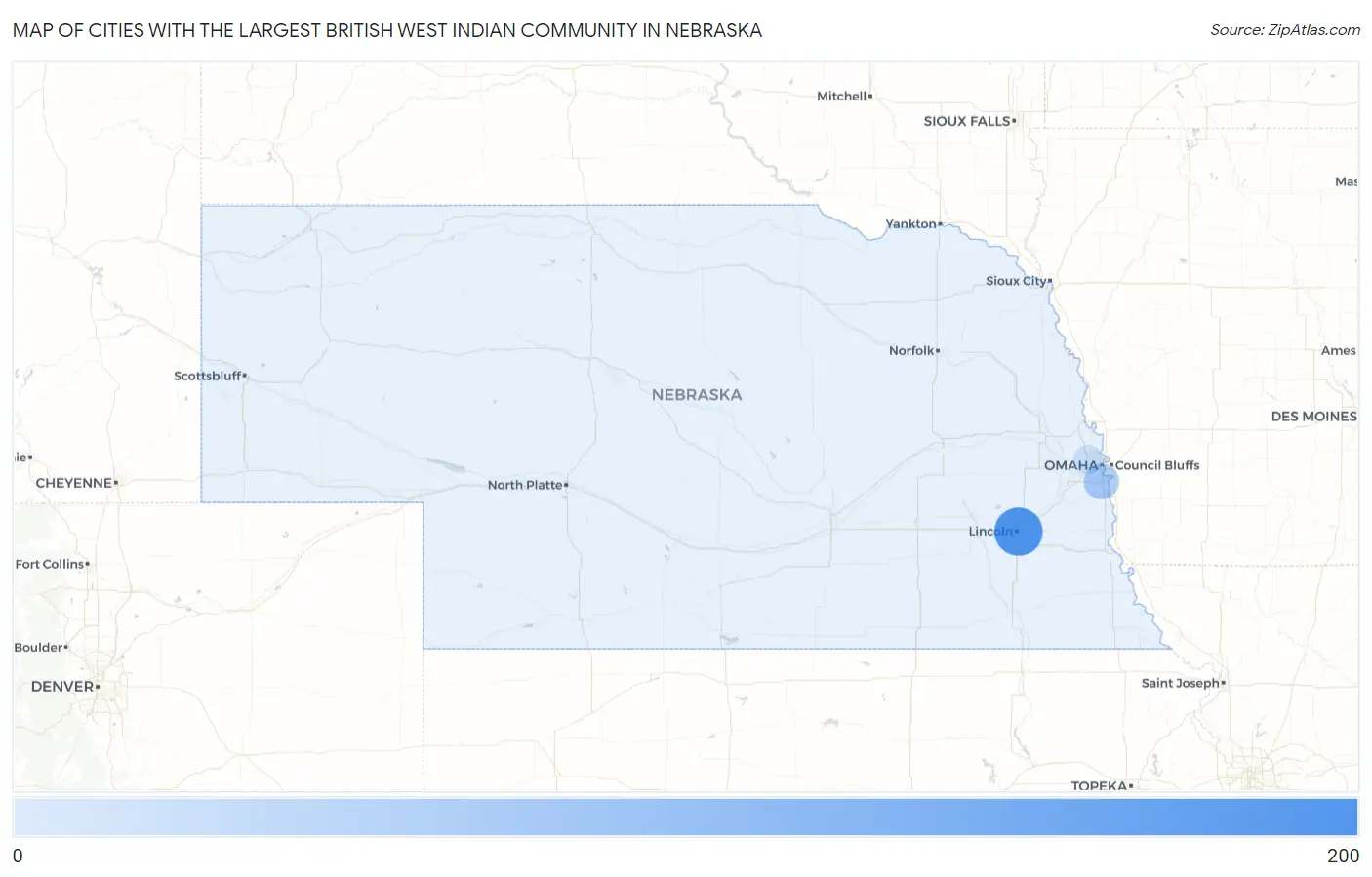 Cities with the Largest British West Indian Community in Nebraska Map