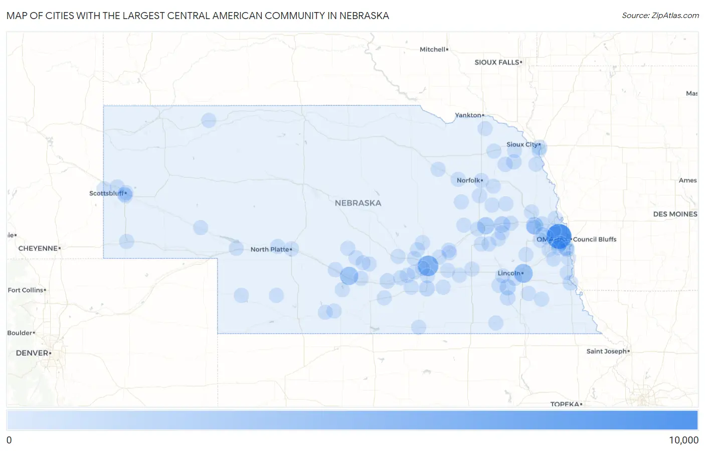 Cities with the Largest Central American Community in Nebraska Map