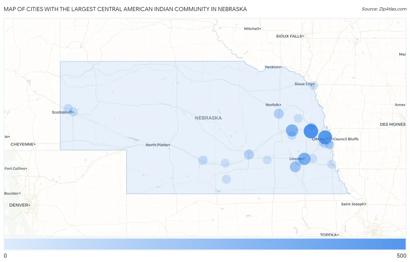 Cities with the Largest Central American Indian Community in Nebraska Map