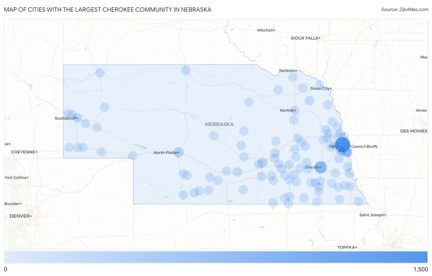 Cities with the Largest Cherokee Community in Nebraska Map