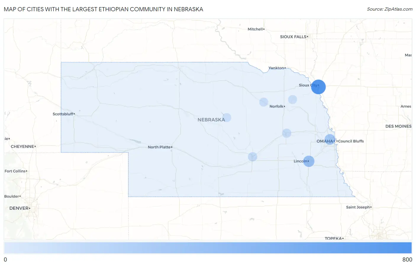 Cities with the Largest Ethiopian Community in Nebraska Map